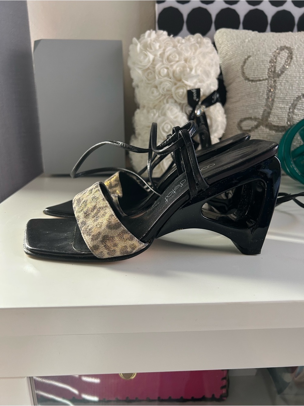 Sleek Black Heeled Sandals with Leopard Accent